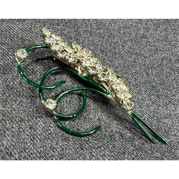 Vintage Enamel Brooch with Light Green and Clear Rhinestones - Picture 2 of 8